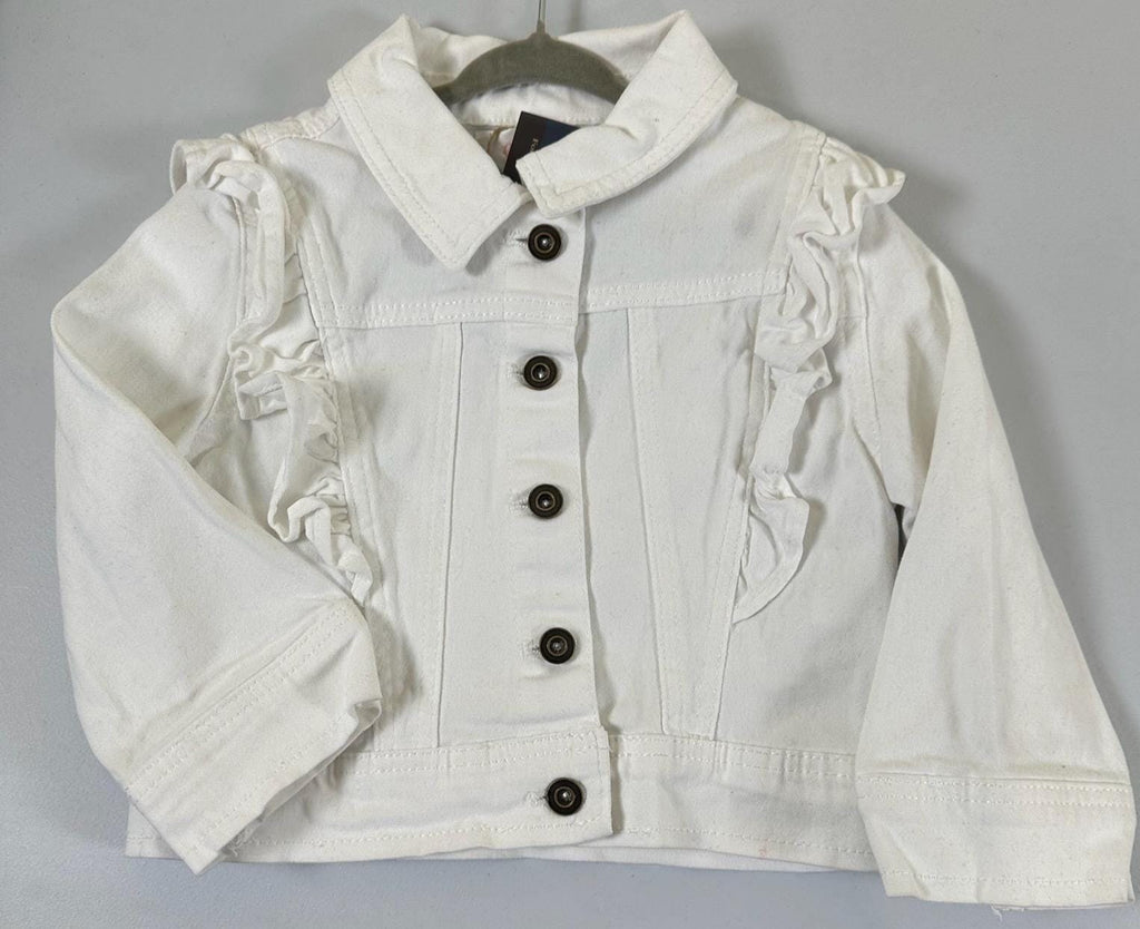 Toddler Girl White Ruffle Jacket – Chenille Fish Appliqué, Ocean Theme (Size 2T)