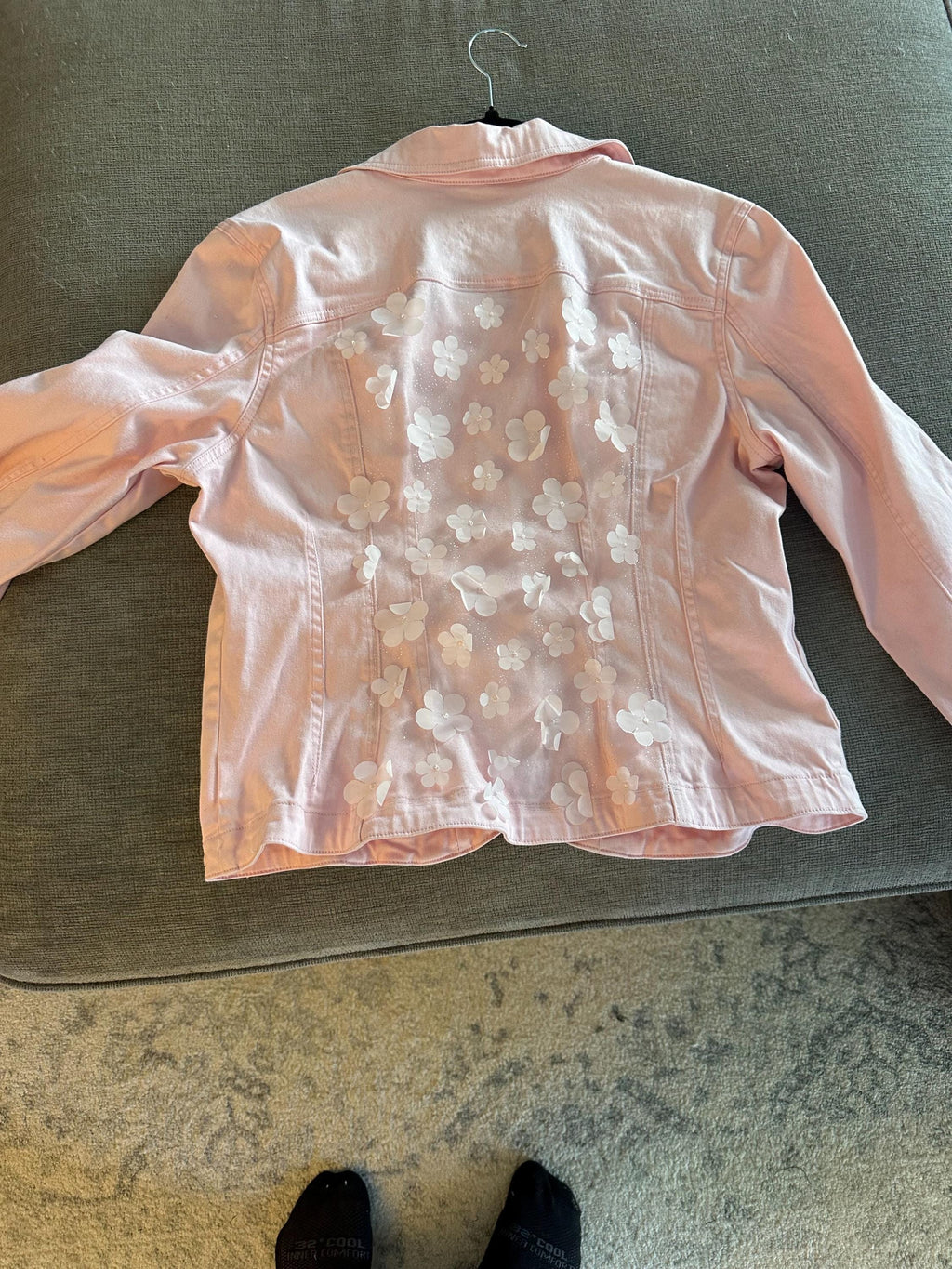 Pink Floral Denim Jacket | Girls Jean Jacket | Upcycled Kids Jacket | Flower Appliqué Jacket | Youth Large Jacket | Handmade Clothing