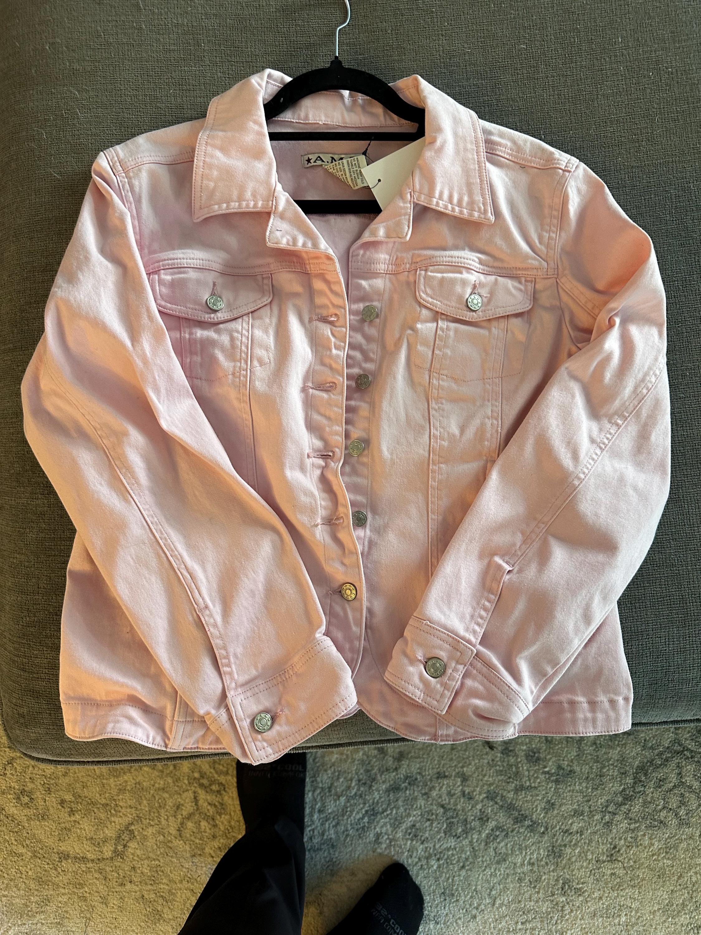 Pink Floral Denim Jacket | Girls Jean Jacket | Upcycled Kids Jacket | Flower Appliqué Jacket | Youth Large Jacket | Handmade Clothing