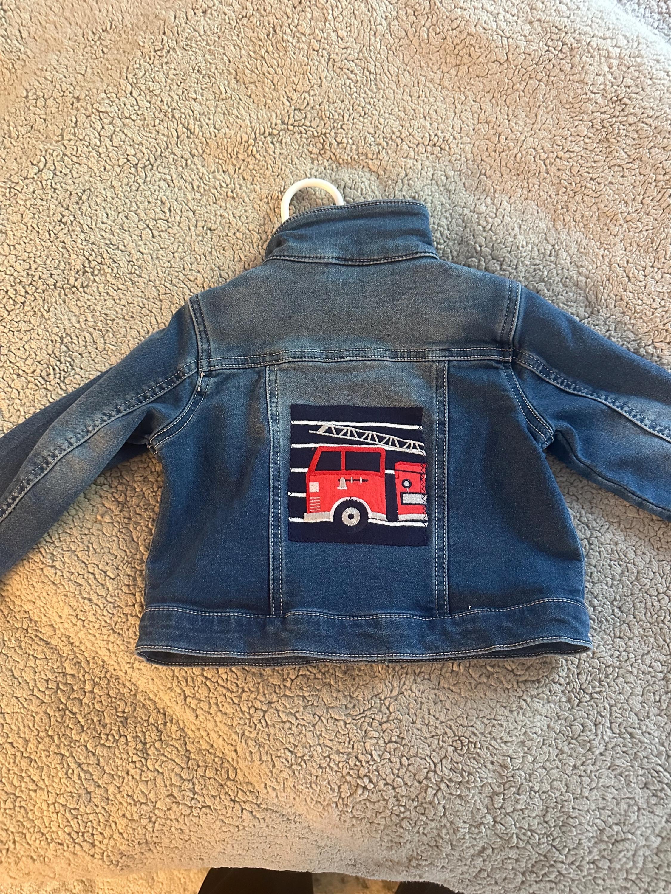 Toddler Fire Truck Denim Jacket | Upcycled Kids Jean Jacket | Handmade Boys Jacket | Firefighter Toddler Outfit | Size 24 Months