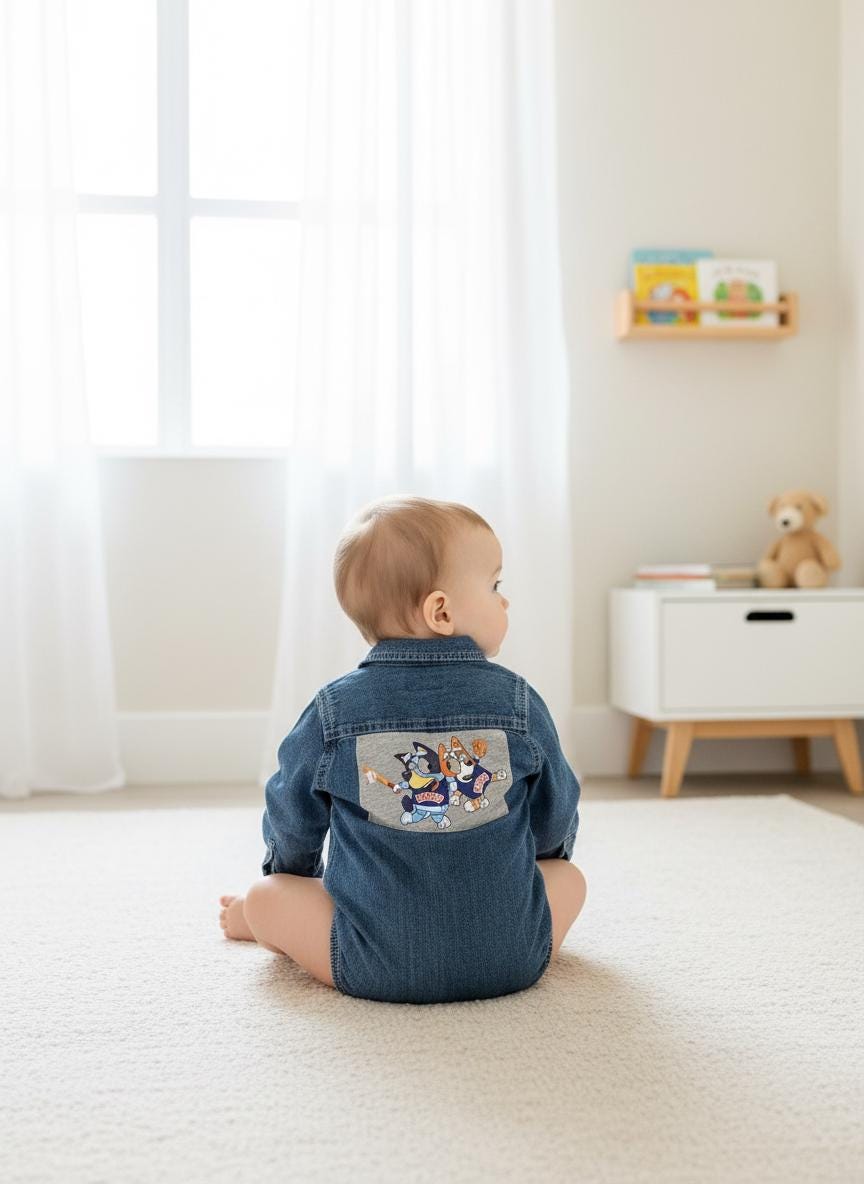 Upcycled Baby Denim Onesie – Size 18 Months | Bluey & Bingo Baseball Inspired | One of a Kind