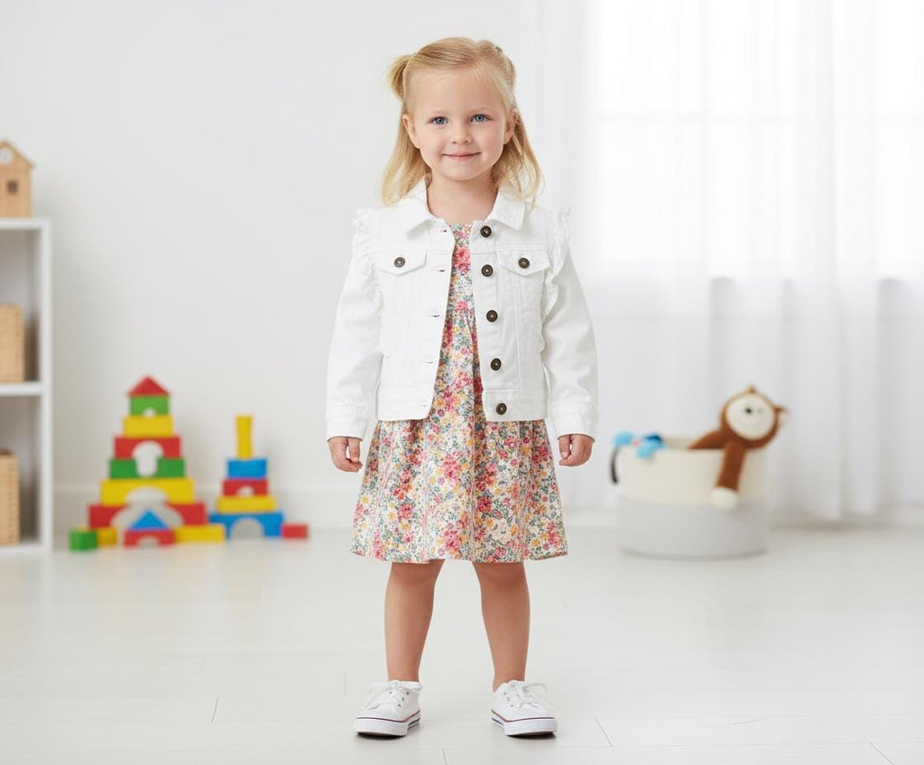 Toddler Girl White Ruffle Jacket – Chenille Fish Appliqué, Ocean Theme (Size 2T)