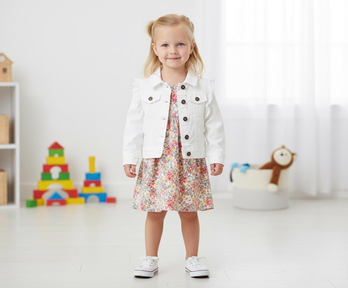Toddler Girl White Ruffle Jacket – Chenille Fish Appliqué, Ocean Theme (Size 2T)