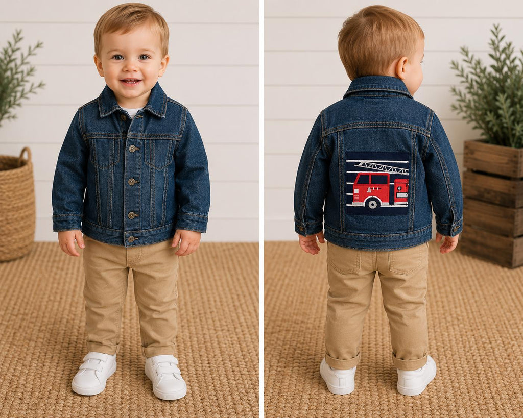 Toddler Fire Truck Denim Jacket | Upcycled Kids Jean Jacket | Handmade Boys Jacket | Firefighter Toddler Outfit | Size 24 Months