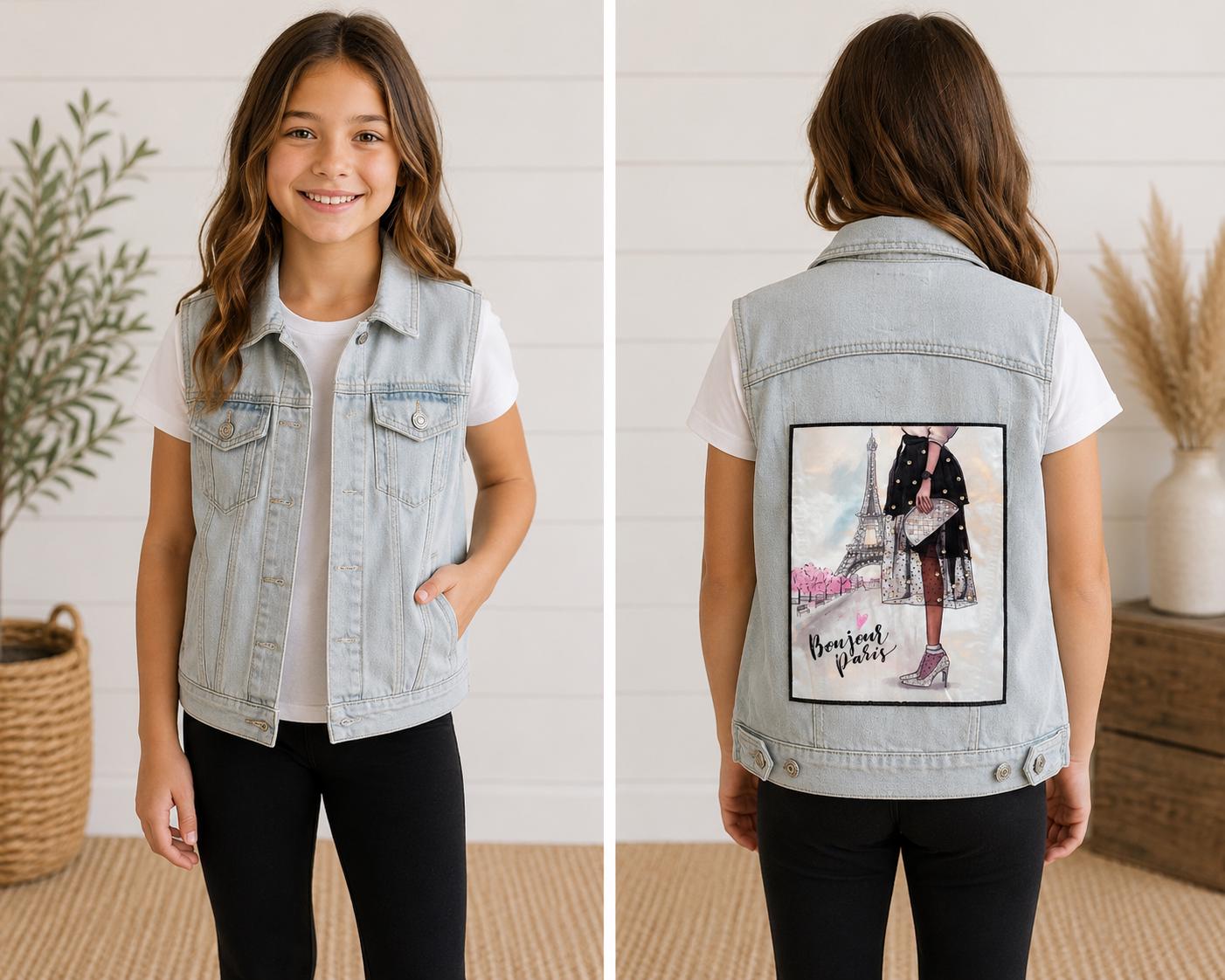 Girls Paris Denim Vest | Upcycled Youth Jean Vest | Bonjour Paris Jacket | Fashion Denim Vest | Youth Small | One of a Kind