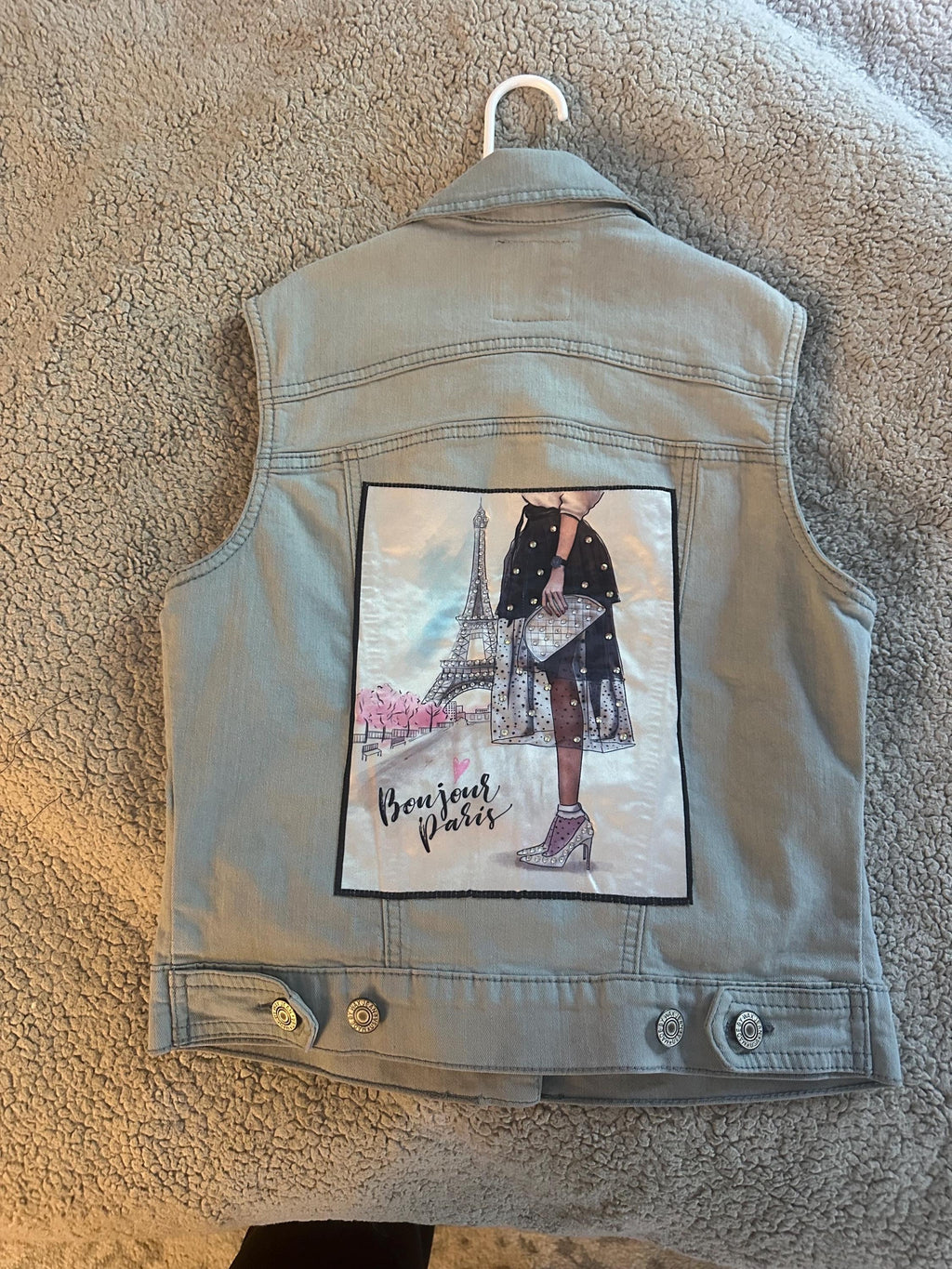 Girls Paris Denim Vest | Upcycled Youth Jean Vest | Bonjour Paris Jacket | Fashion Denim Vest | Youth Small | One of a Kind