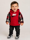 Nike-inspired Toddler Hoodie Flannel | Red Plaid Hoodie | Boys Layered Sweatshirt | 12 Month Outfit | Cozy Toddler Hoodie