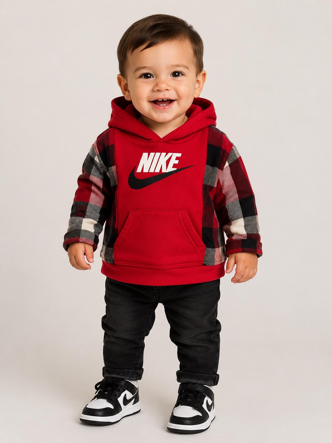 Nike-inspired Toddler Hoodie Flannel | Red Plaid Hoodie | Boys Layered Sweatshirt | 12 Month Outfit | Cozy Toddler Hoodie