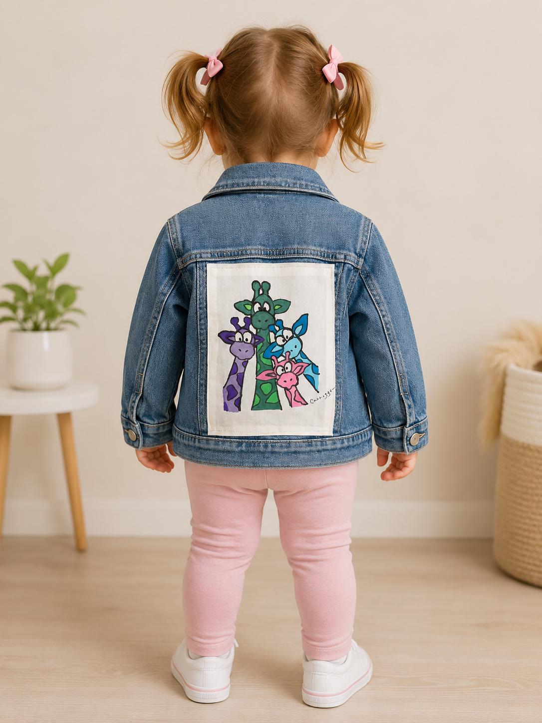 Upcycled Giraffe Denim Jacket for Toddler Girls | Size 2T Kids Jean Jacket | Handmade Animal Jacket | One of a Kind Boutique Style