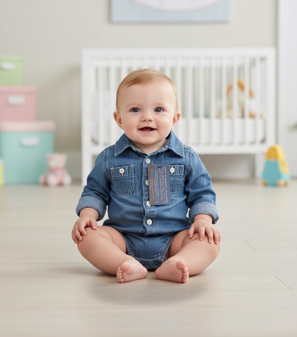 Upcycled Baby Denim Onesie – Size 18 Months | Bluey & Bingo Baseball Inspired | One of a Kind