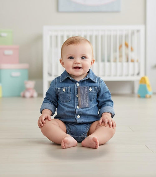 Upcycled Baby Denim Onesie – Size 18 Months | Bluey & Bingo Baseball Inspired | One of a Kind