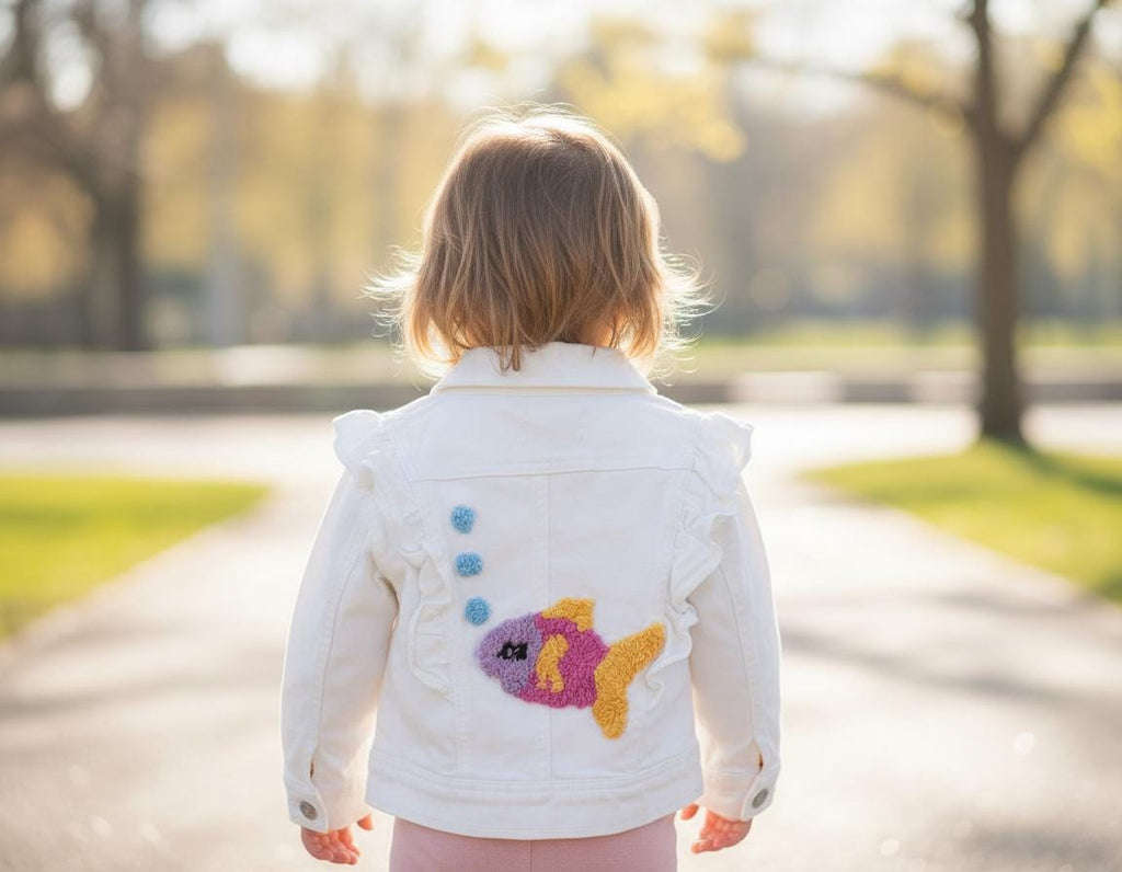 Toddler Girl White Ruffle Jacket – Chenille Fish Appliqué, Ocean Theme (Size 2T)