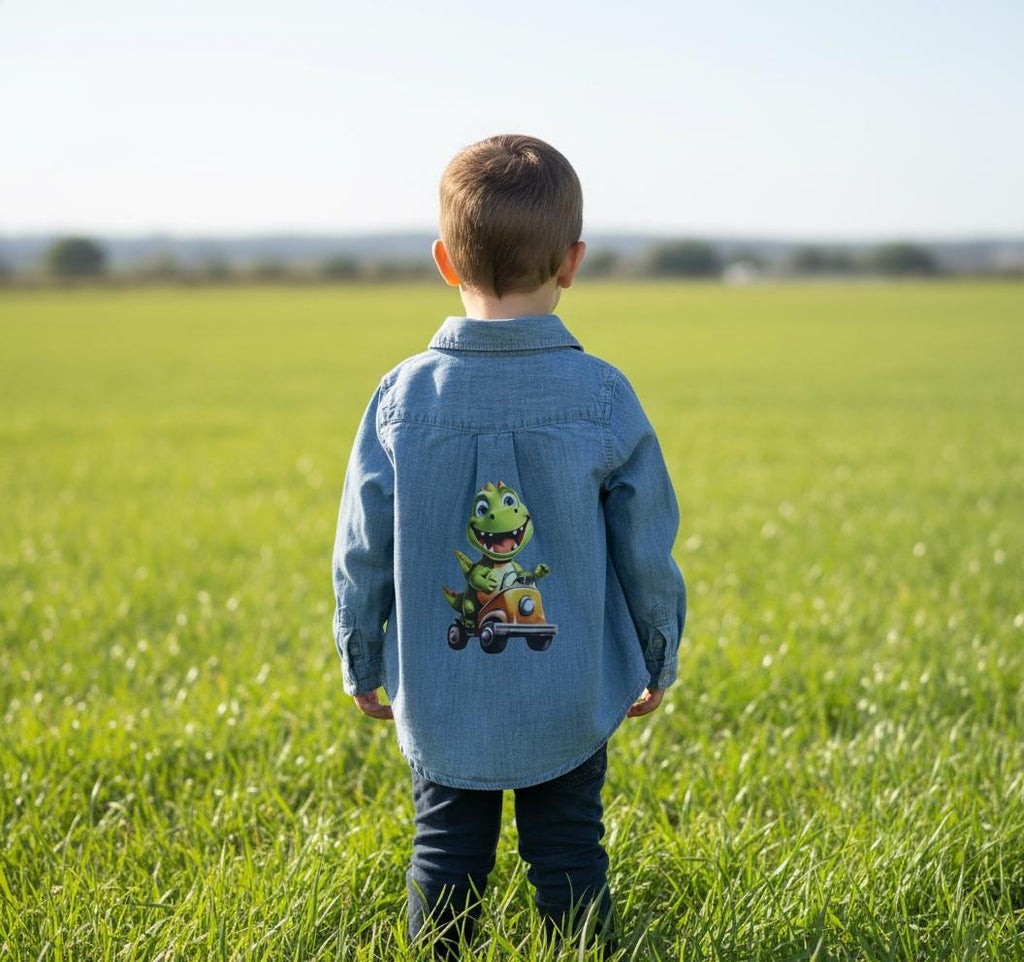 Upcycled Toddler Denim Shirt 2T – Dino Scooter Patch | One of a Kind Kids Top