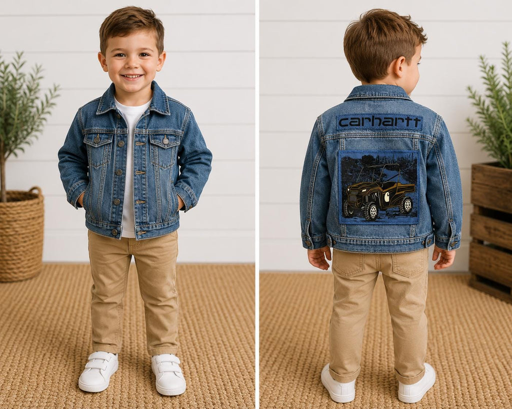 Boys Upcycled Denim Jacket | ATV Patch, Carhartt Inspired, Size 4T