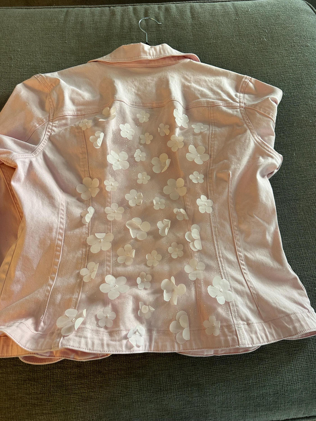 Pink Floral Denim Jacket | Girls Jean Jacket | Upcycled Kids Jacket | Flower Appliqué Jacket | Youth Large Jacket | Handmade Clothing