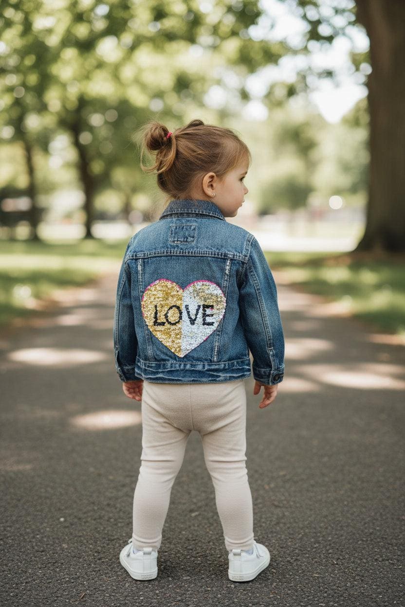 Upcycled Toddler Denim Jacket 2T – Sequin Heart Love | One of a Kind Kids Jean Jacket