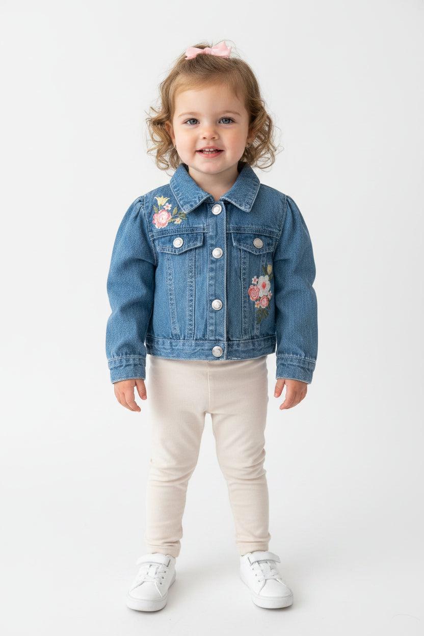 Girls Denim Jacket 3T – Embroidered Floral, Kitty Back Design