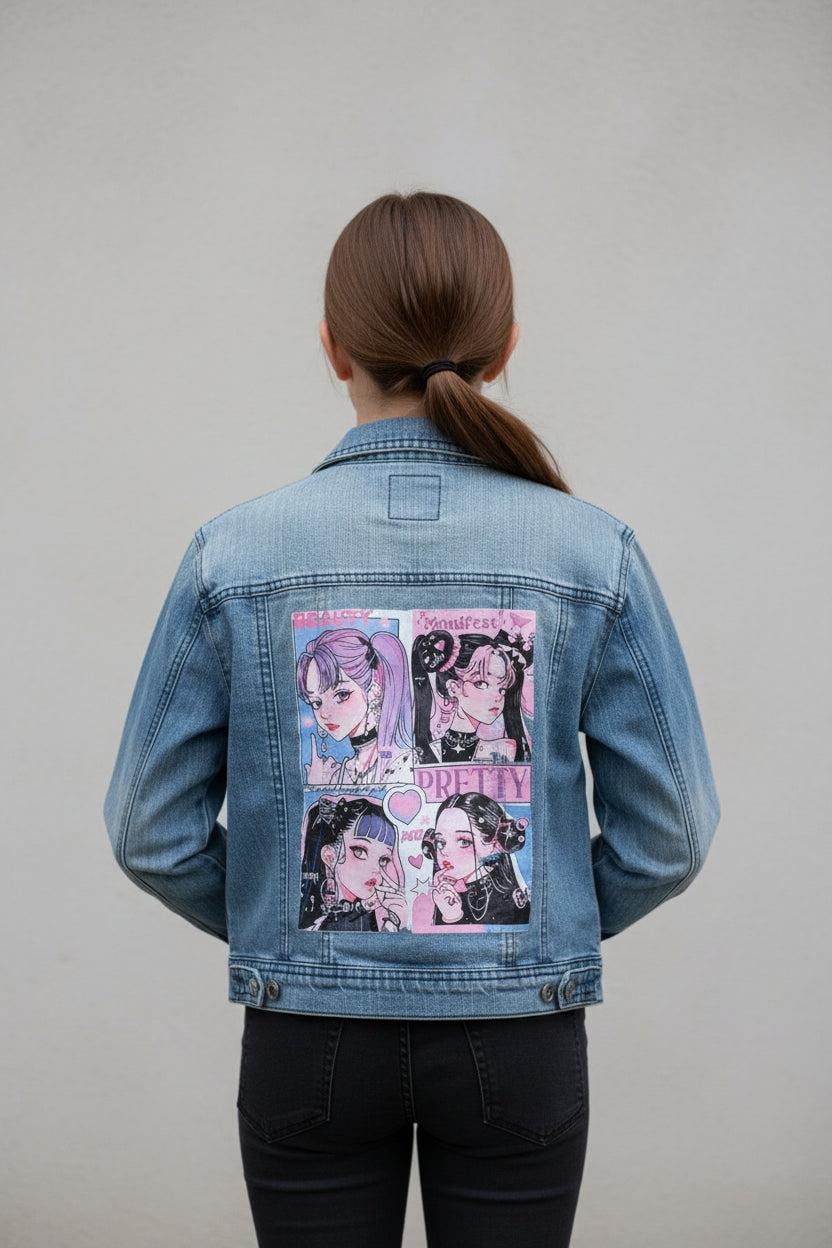 Upcycled K-Pop Anime Denim Jacket | Youth XL, One-of-a-Kind