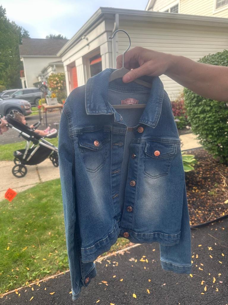 Upcycled BCBG Girls Denim Jacket (Size 8) – Handcrafted Chenille Dragonfly Design