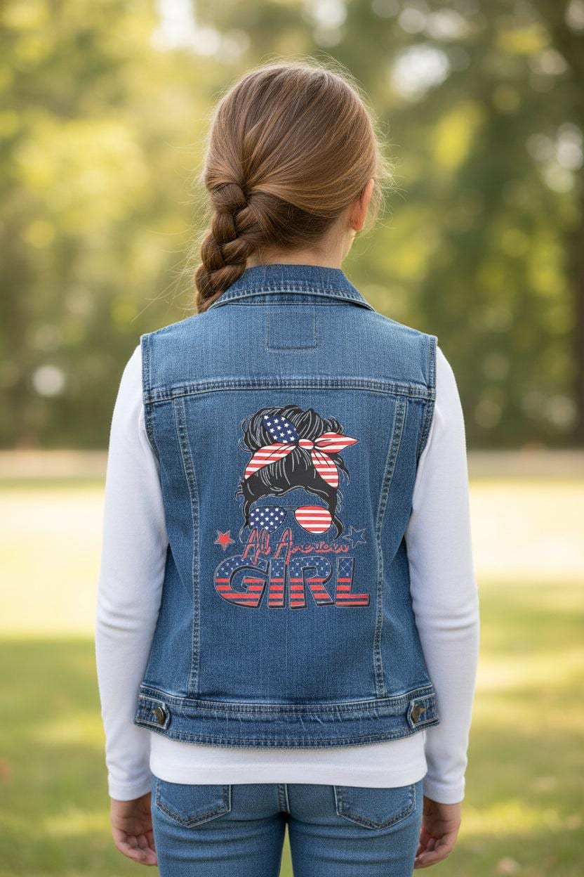 Upcycled Denim Vest | Patriotic American Girl, Youth Size 10/12