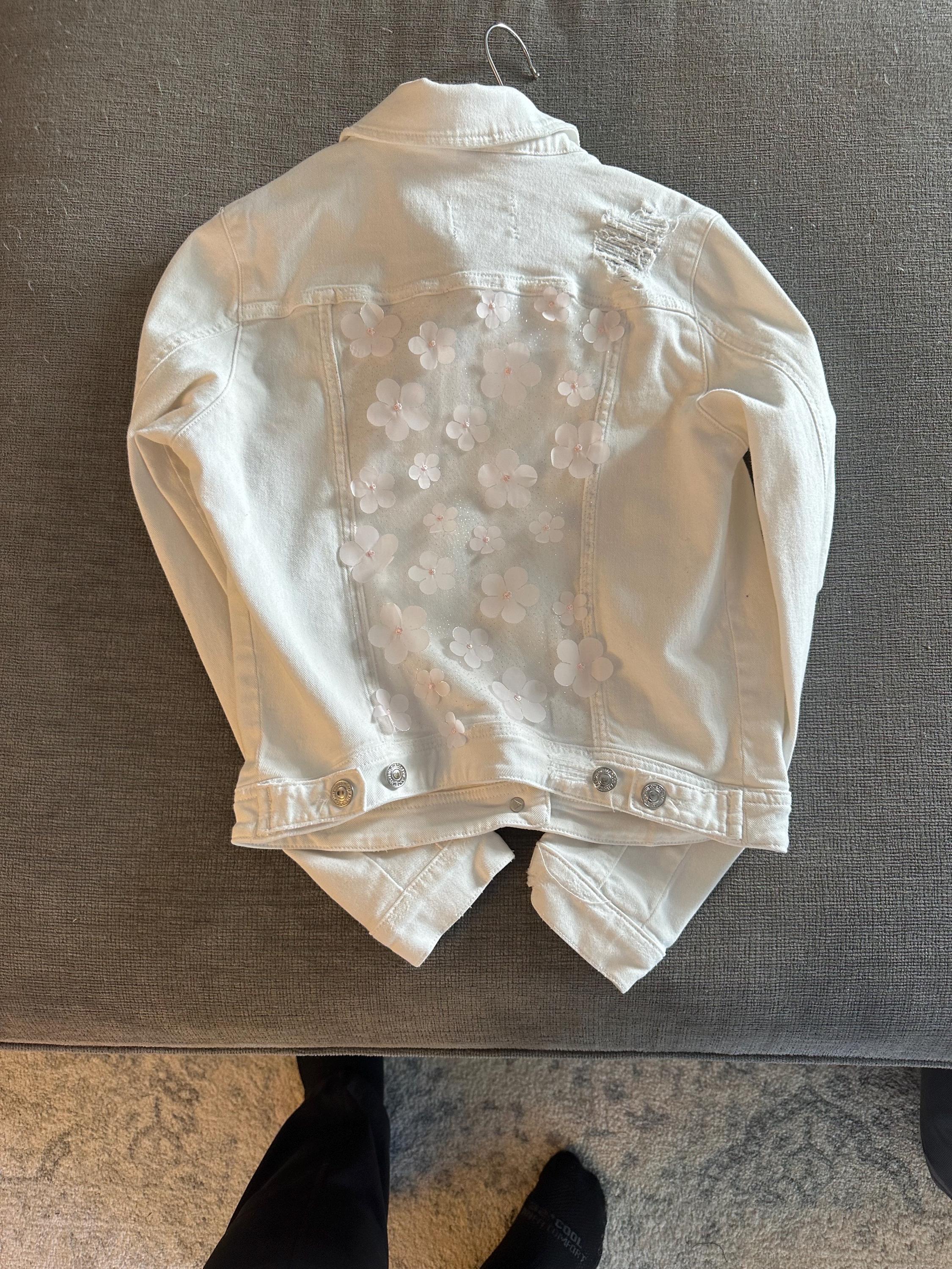 Youth Petite Small White Floral Denim Jacket | Upcycled Girls Jean Jacket | 3D Flower Jacket | Custom Boutique Kids Fashion | Spring Jacket