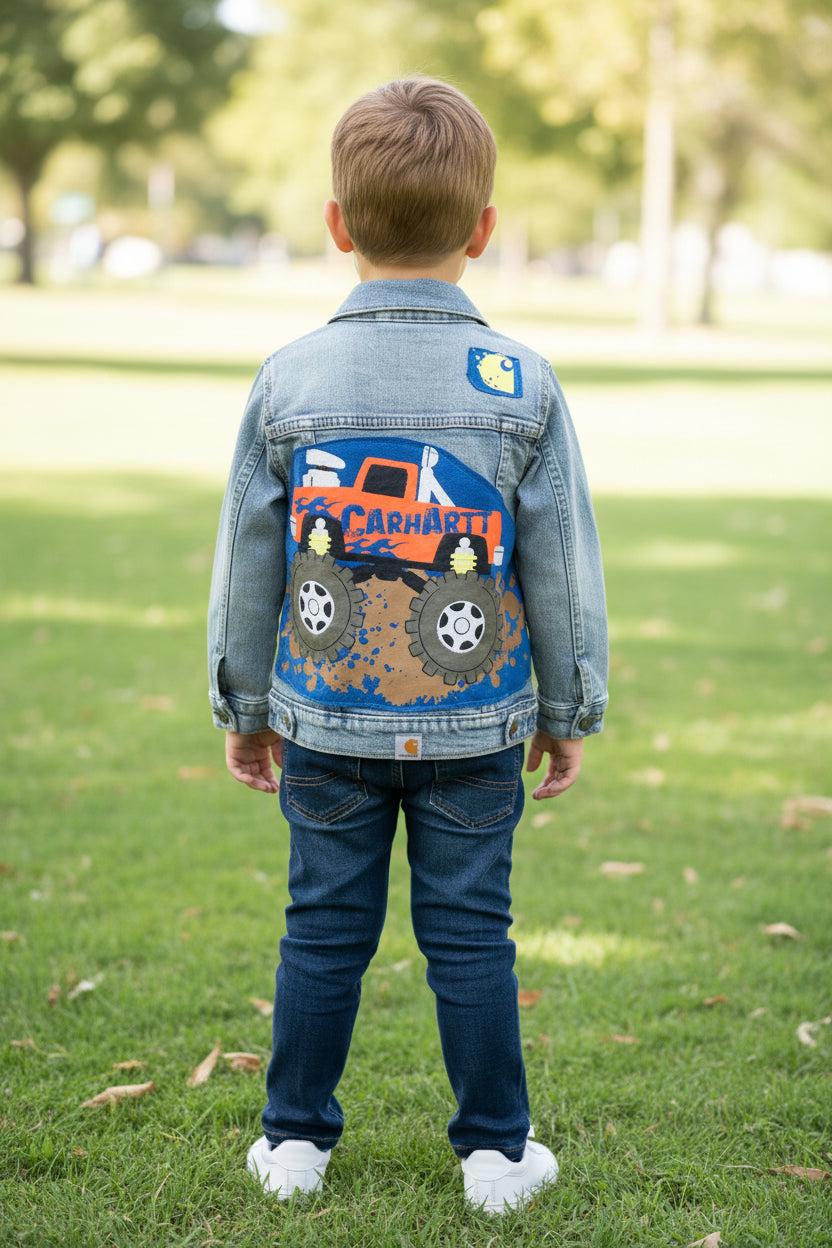 Upcycled Kids Carhartt Denim Jacket 5T | Monster Truck Jacket | Boys Denim Jacket | Custom Kids Clothing | One of a Kind Toddler Jacket