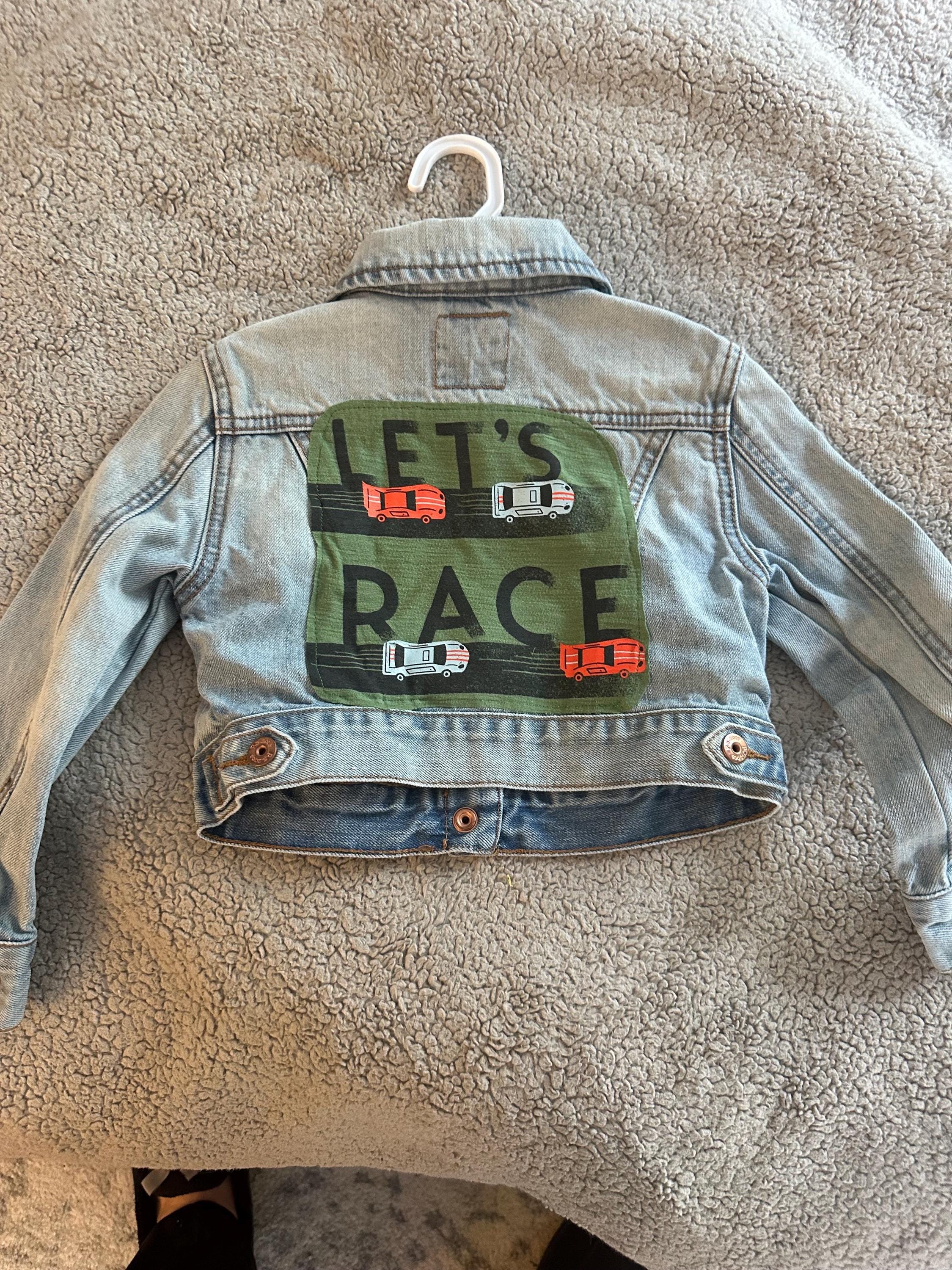 Boys Racing Denim Jacket | Size 4 Boys Jean Jacket | Upcycled Kids Jacket | Truck & Camper Jacket | Lets Race Denim Coat