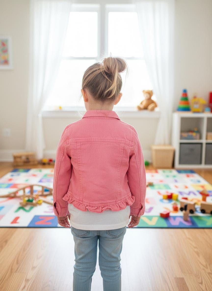 Pink denim jacket with a crocheted patch on front Size Youth 6