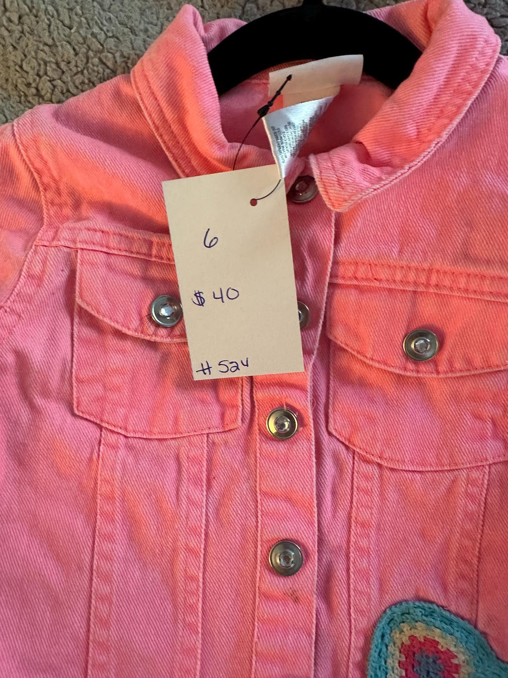 Pink denim jacket with a crocheted patch on front Size Youth 6