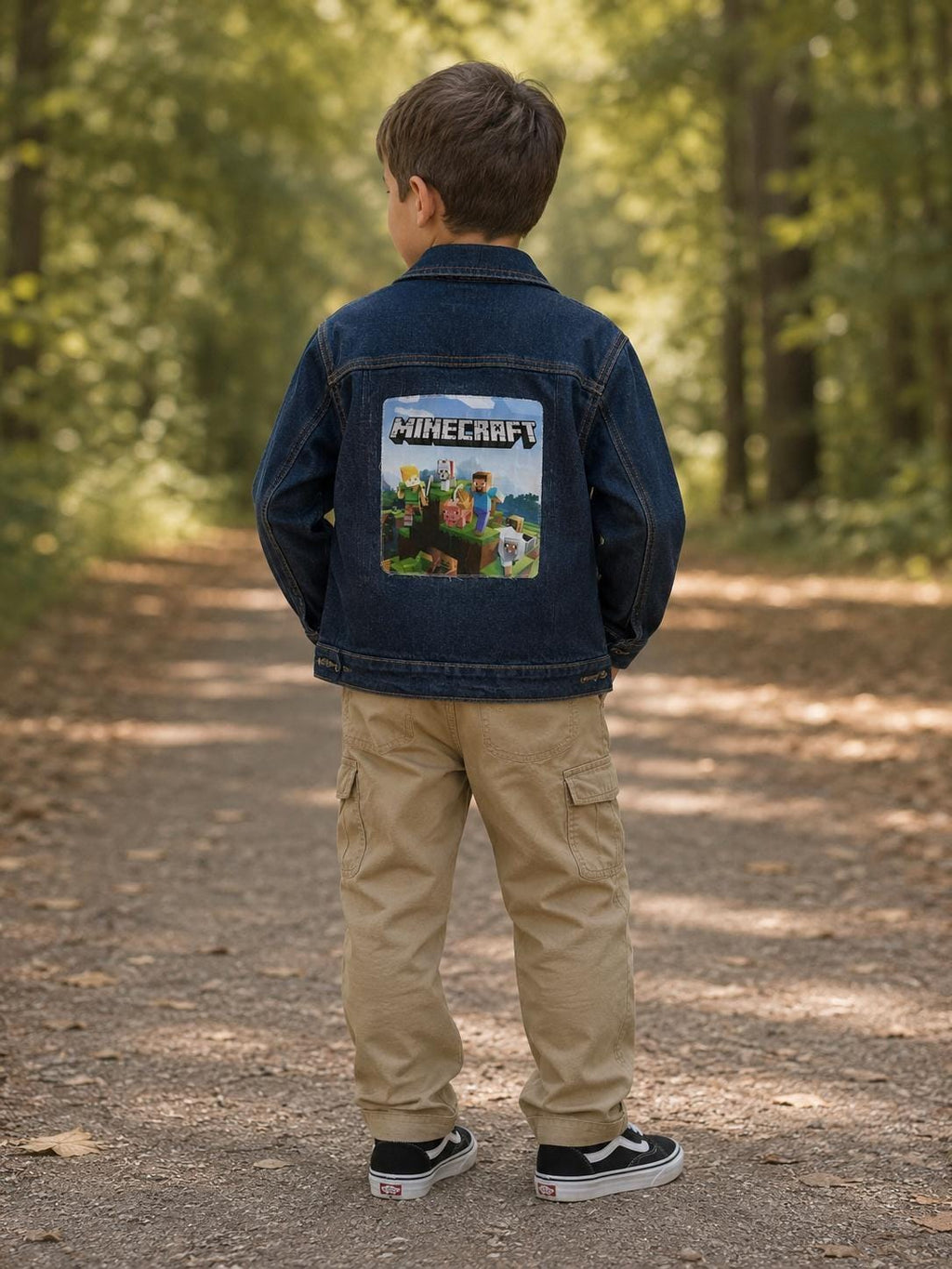 Minecraft Inspired Denim Jacket | Boys Gamer Jacket | Upcycled Kids Jean Jacket | Gaming Jacket for Kids | Size 7/8 | Handmade Clothing