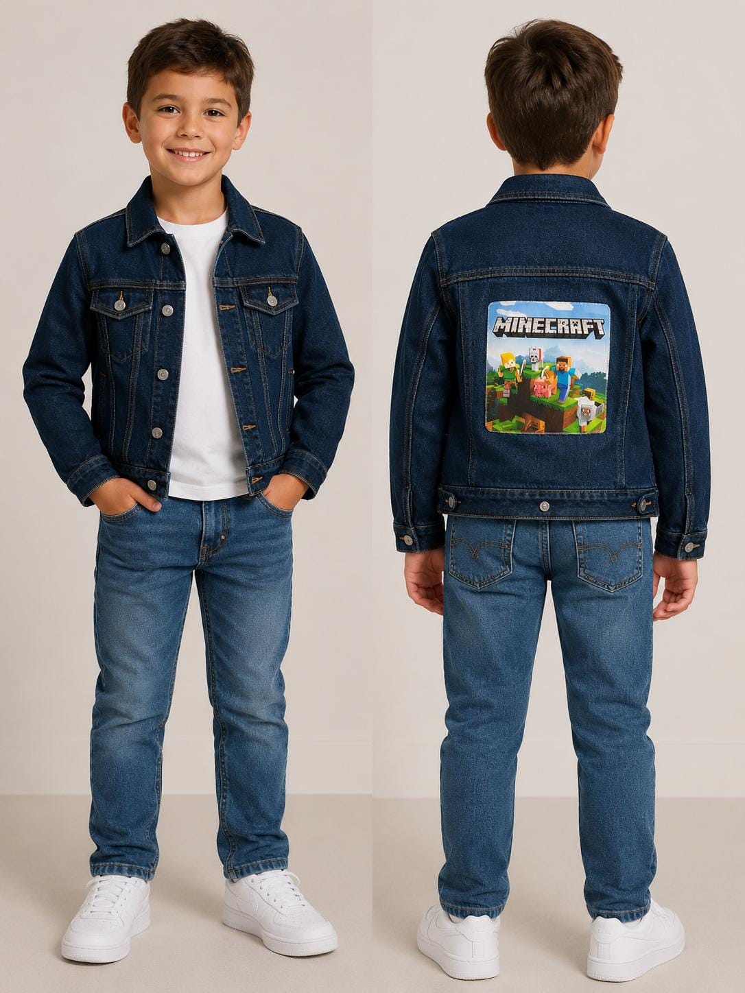 Minecraft Inspired Denim Jacket | Boys Gamer Jacket | Upcycled Kids Jean Jacket | Gaming Jacket for Kids | Size 7/8 | Handmade Clothing
