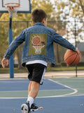 Basketball Denim Jacket | Boys Jean Jacket | Upcycled Kids Jacket | Basketball Hoop Jacket | Youth Size 8 | Handmade Kids Clothing