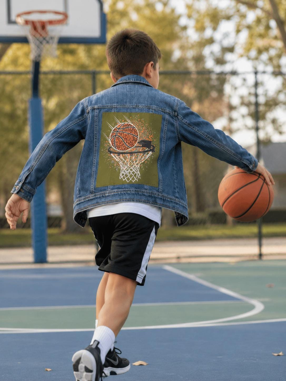 Basketball Denim Jacket | Boys Jean Jacket | Upcycled Kids Jacket | Basketball Hoop Jacket | Youth Size 8 | Handmade Kids Clothing