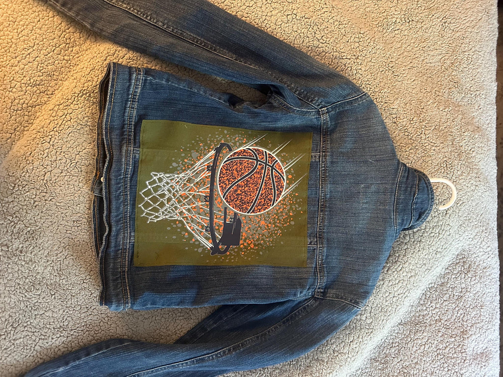 Basketball Denim Jacket | Boys Jean Jacket | Upcycled Kids Jacket | Basketball Hoop Jacket | Youth Size 8 | Handmade Kids Clothing