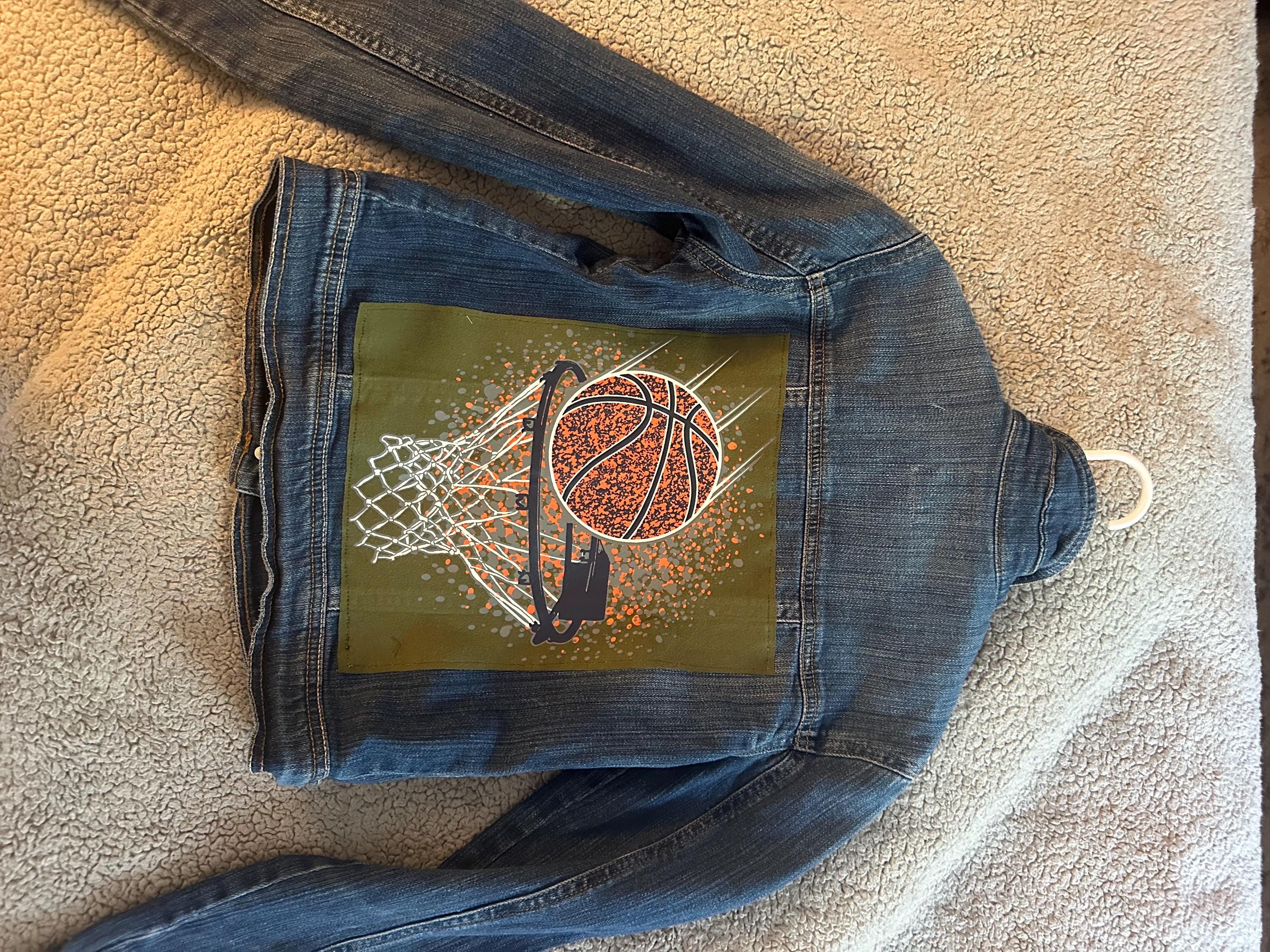 Basketball Denim Jacket | Boys Jean Jacket | Upcycled Kids Jacket | Basketball Hoop Jacket | Youth Size 8 | Handmade Kids Clothing