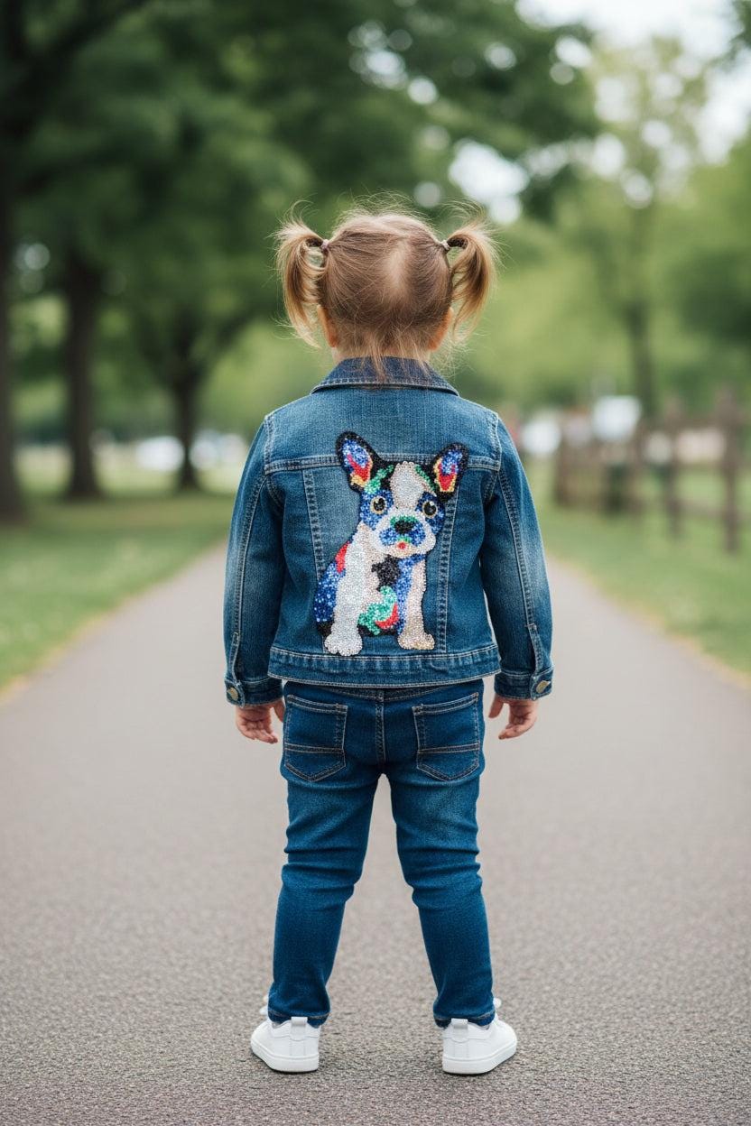 Upcycled Toddler Denim Jacket 4T – Sequin French Bulldog | One of a Kind Kids Jean Jacket