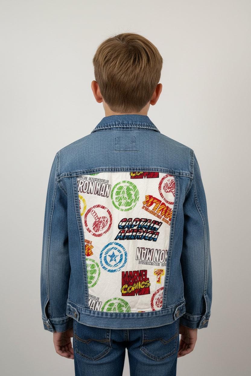 Marvel Denim Jacket Youth 7/8 | Upcycled Kids Jean Jacket | Children’s Place Superhero Jacket