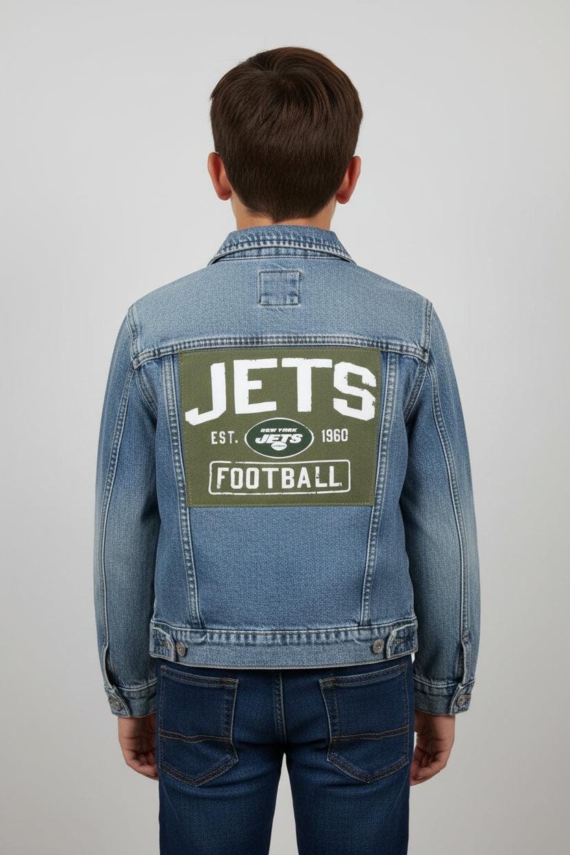 Upcycled NY Jets Kids Denim Jacket | Youth Size 12, Football Fan