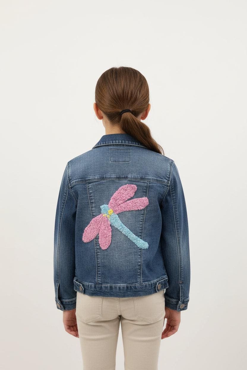 Upcycled BCBG Girls Denim Jacket (Size 8) – Handcrafted Chenille Dragonfly Design