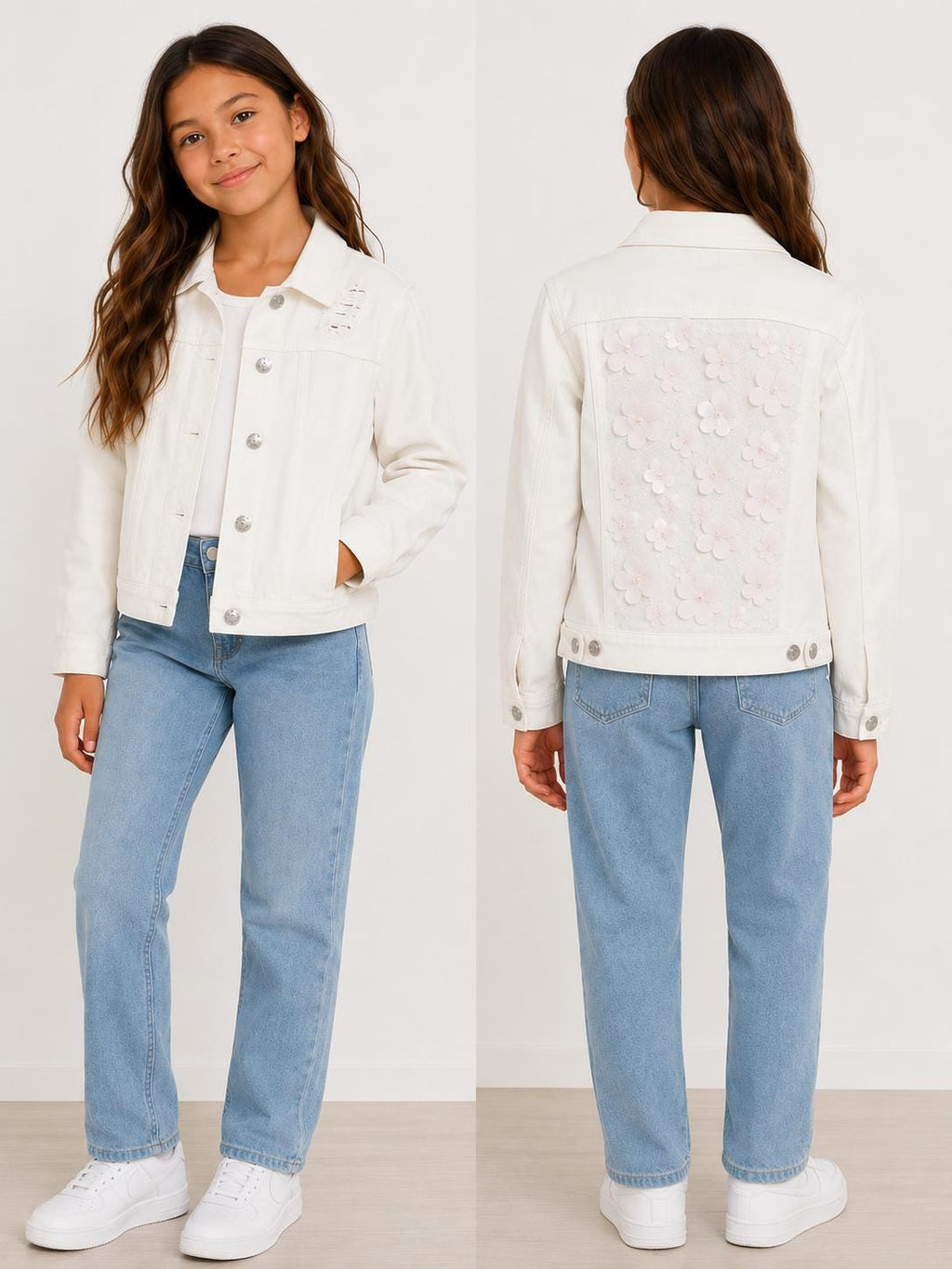 Youth Petite Small White Floral Denim Jacket | Upcycled Girls Jean Jacket | 3D Flower Jacket | Custom Boutique Kids Fashion | Spring Jacket
