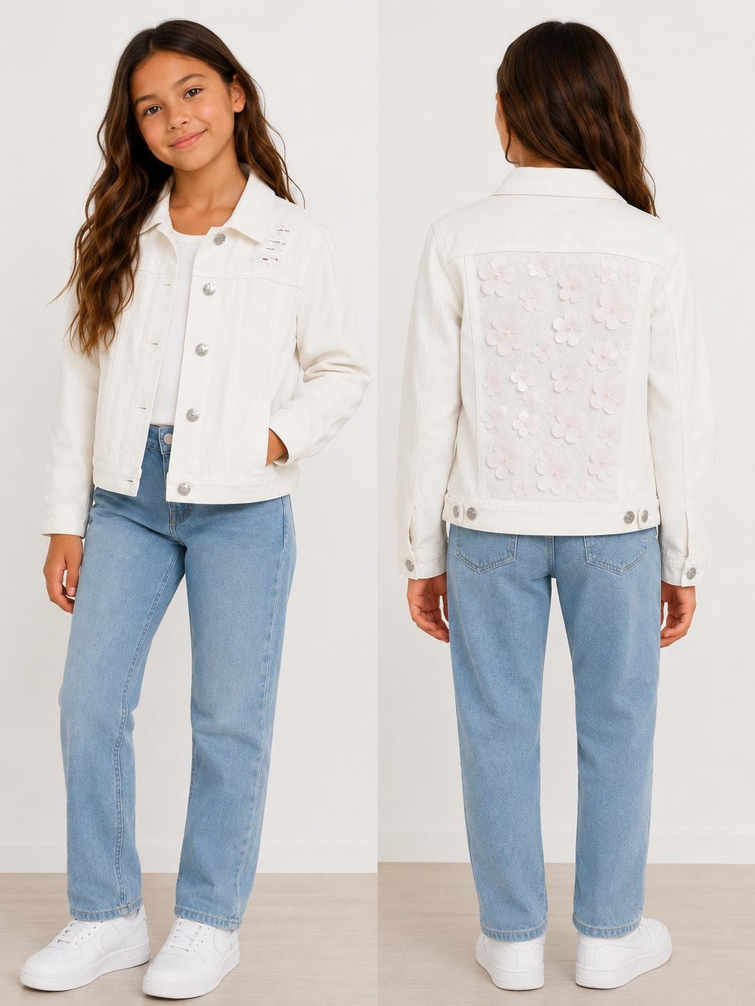 Youth Petite Small White Floral Denim Jacket | Upcycled Girls Jean Jacket | 3D Flower Jacket | Custom Boutique Kids Fashion | Spring Jacket