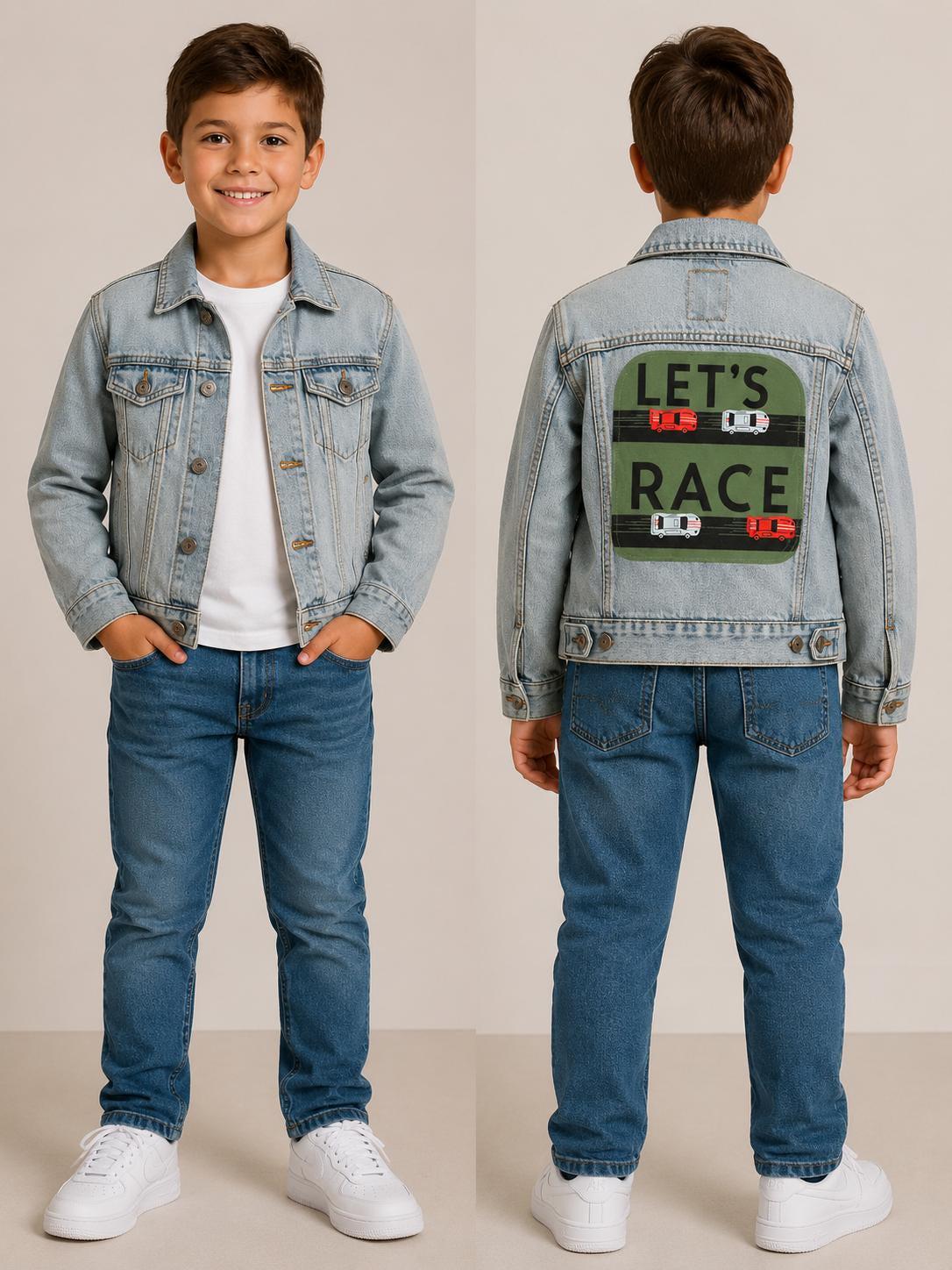 Boys Racing Denim Jacket | Size 4 Boys Jean Jacket | Upcycled Kids Jacket | Truck & Camper Jacket | Lets Race Denim Coat