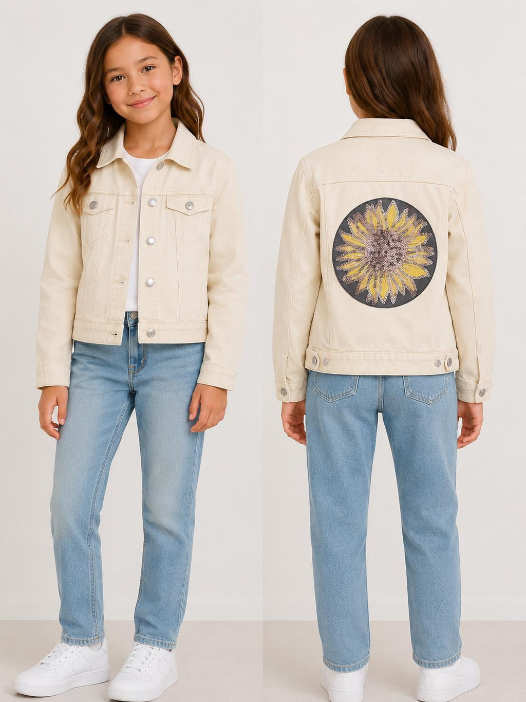 Girls Sunflower Denim Jacket | Youth Size 6/7 Jean Jacket | Upcycled Floral Jacket | Boutique Kids Clothing | Sequin Sunflower Coat
