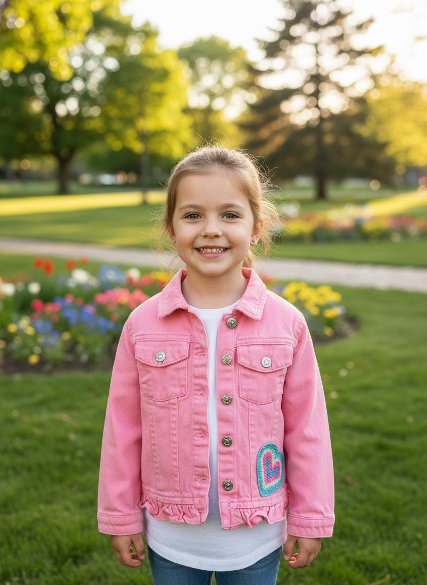 Pink denim jacket with a crocheted patch on front Size Youth 6