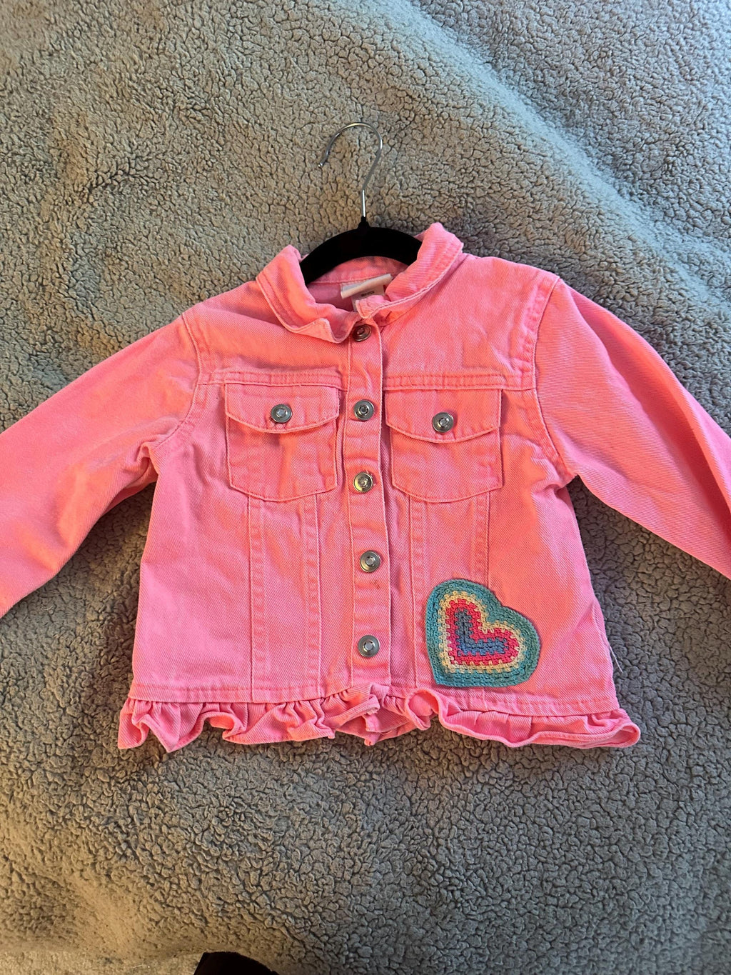 Pink denim jacket with a crocheted patch on front Size Youth 6