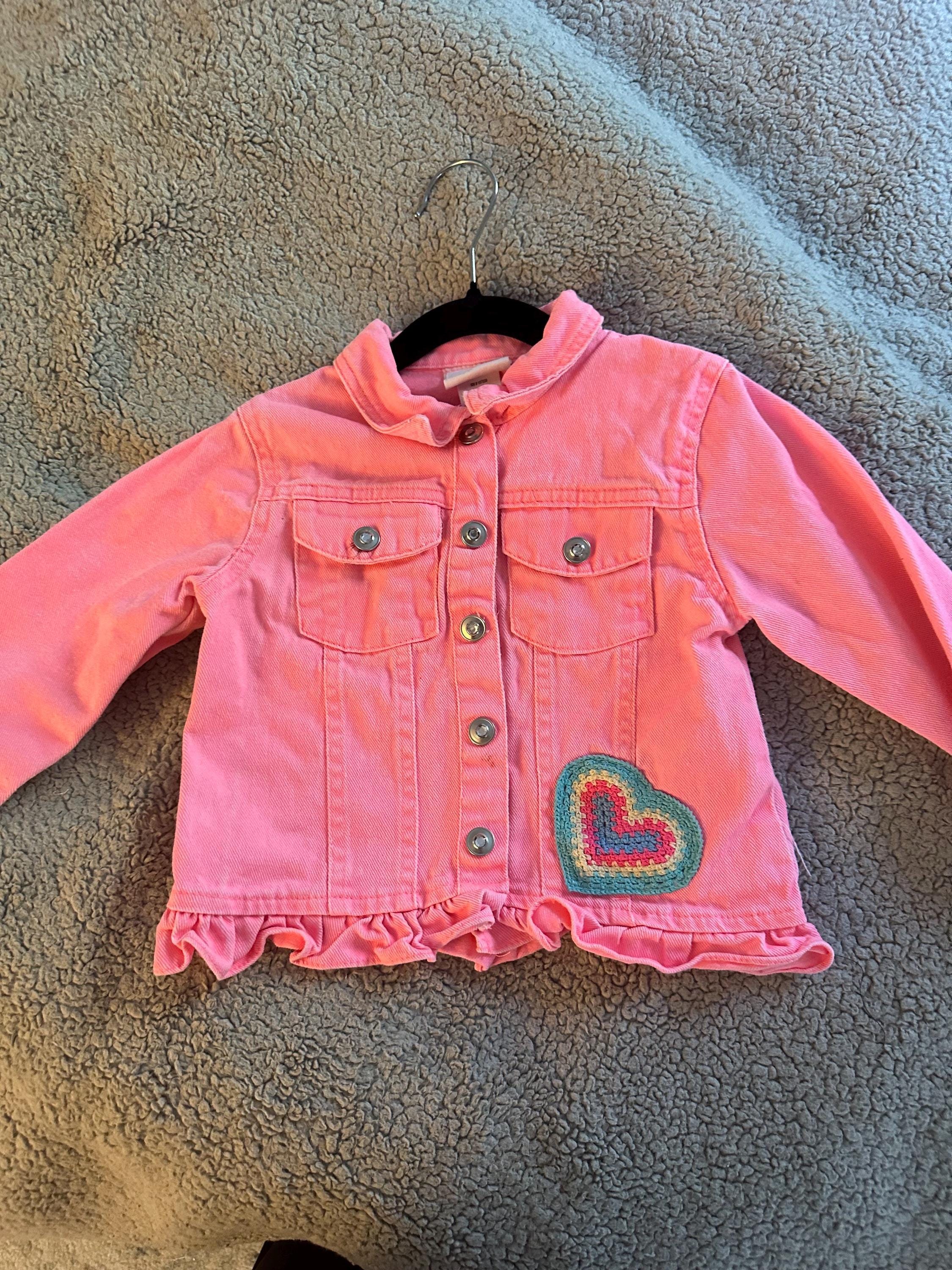 Pink denim jacket with a crocheted patch on front Size Youth 6
