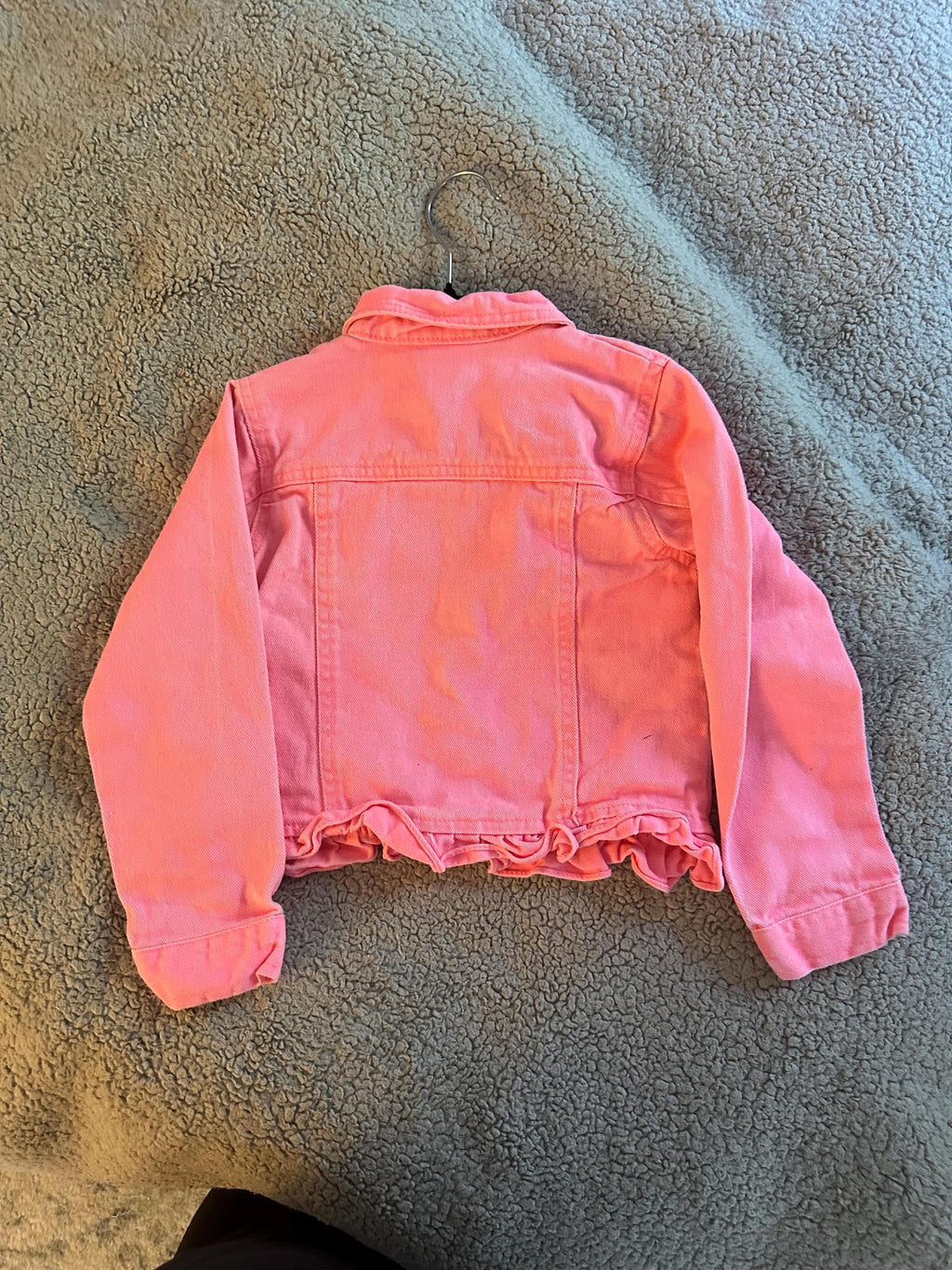Pink denim jacket with a crocheted patch on front Size Youth 6