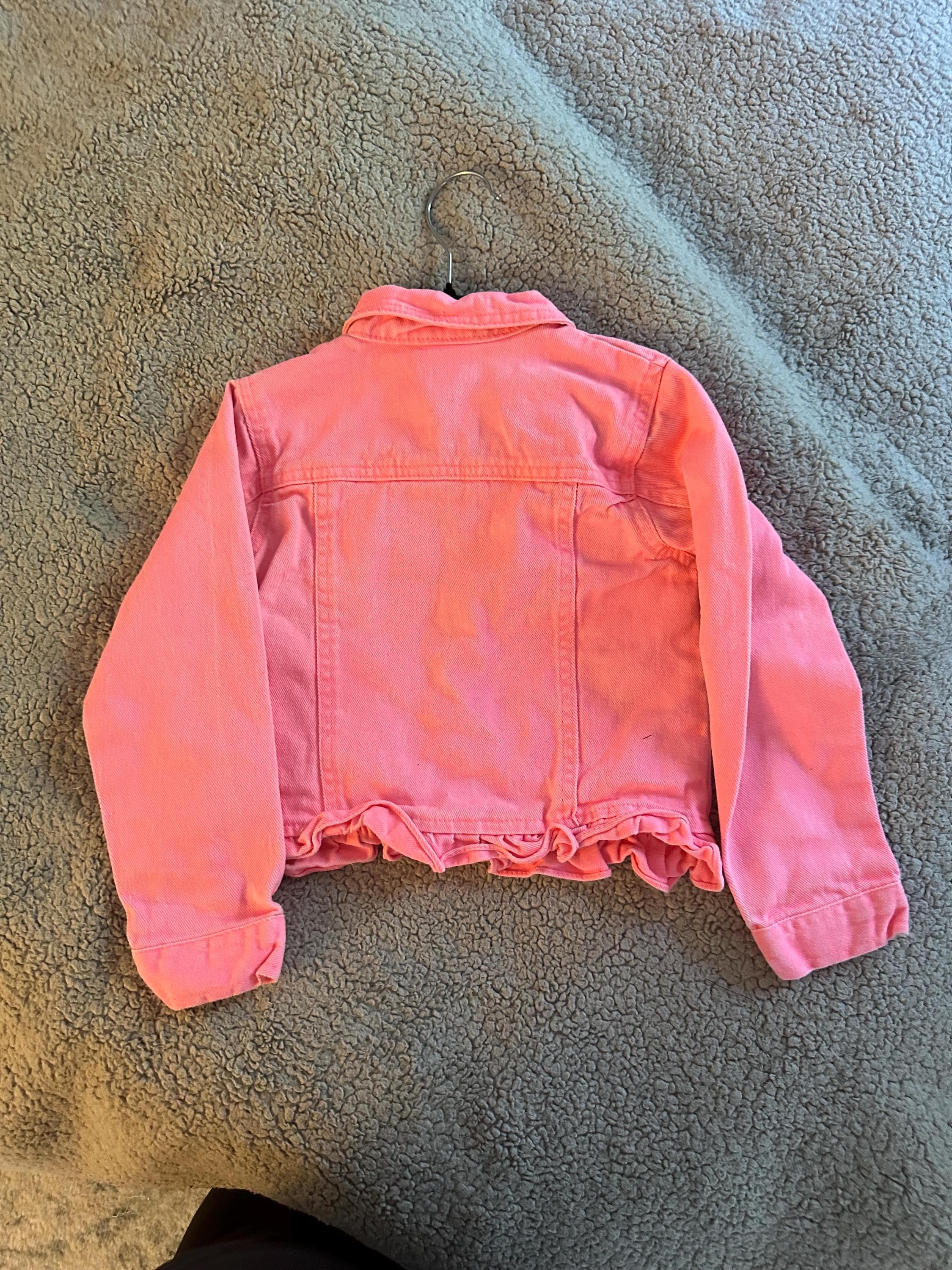 Pink denim jacket with a crocheted patch on front Size Youth 6