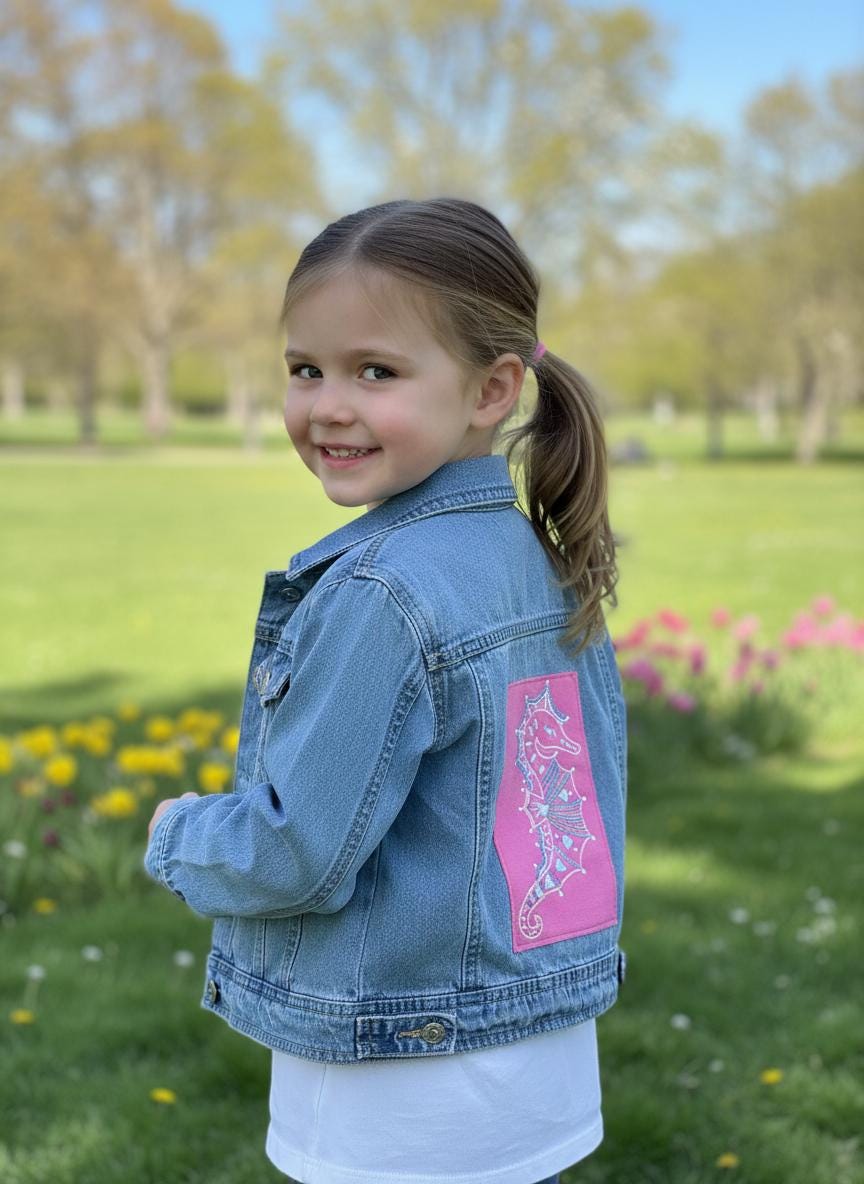 Upcycled Toddler Denim Jacket Seahorse Patch Girls Size 5 Handmade
