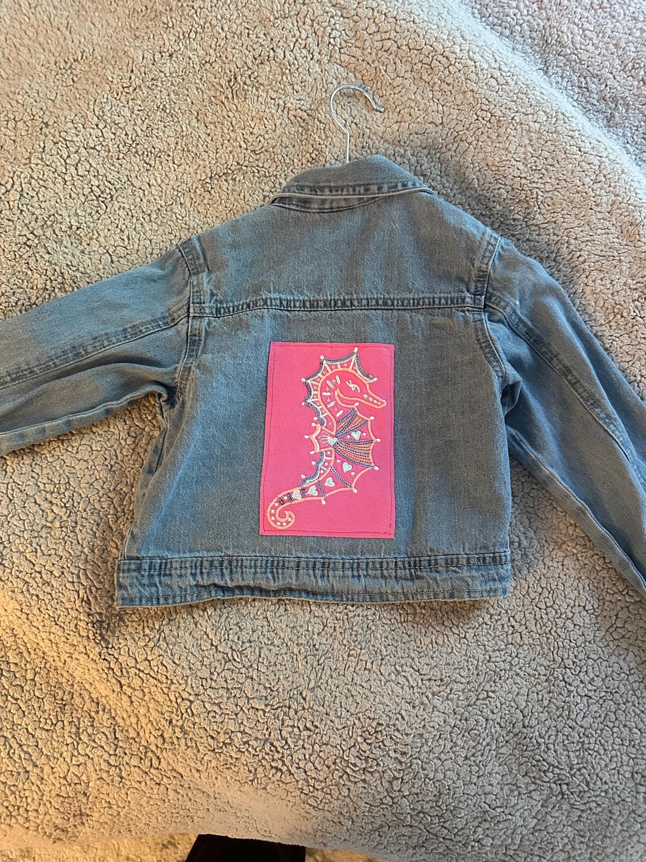 Upcycled Toddler Denim Jacket Seahorse Patch Girls Size 5 Handmade